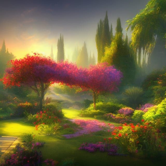 Stunning Garden Sunrise in Hyperdetailed Splash Art