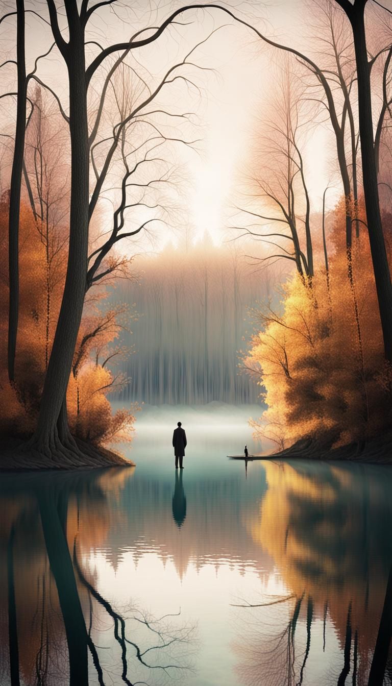 Ethereal Dreamscape with Iridescent Lake and Luminous Trees