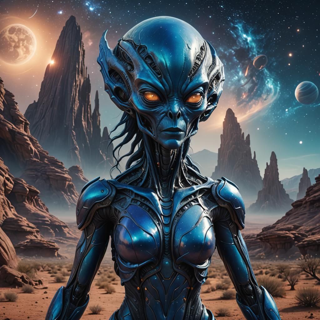 Blue Alien Woman in Scenic Space: Photorealistic Digital Art