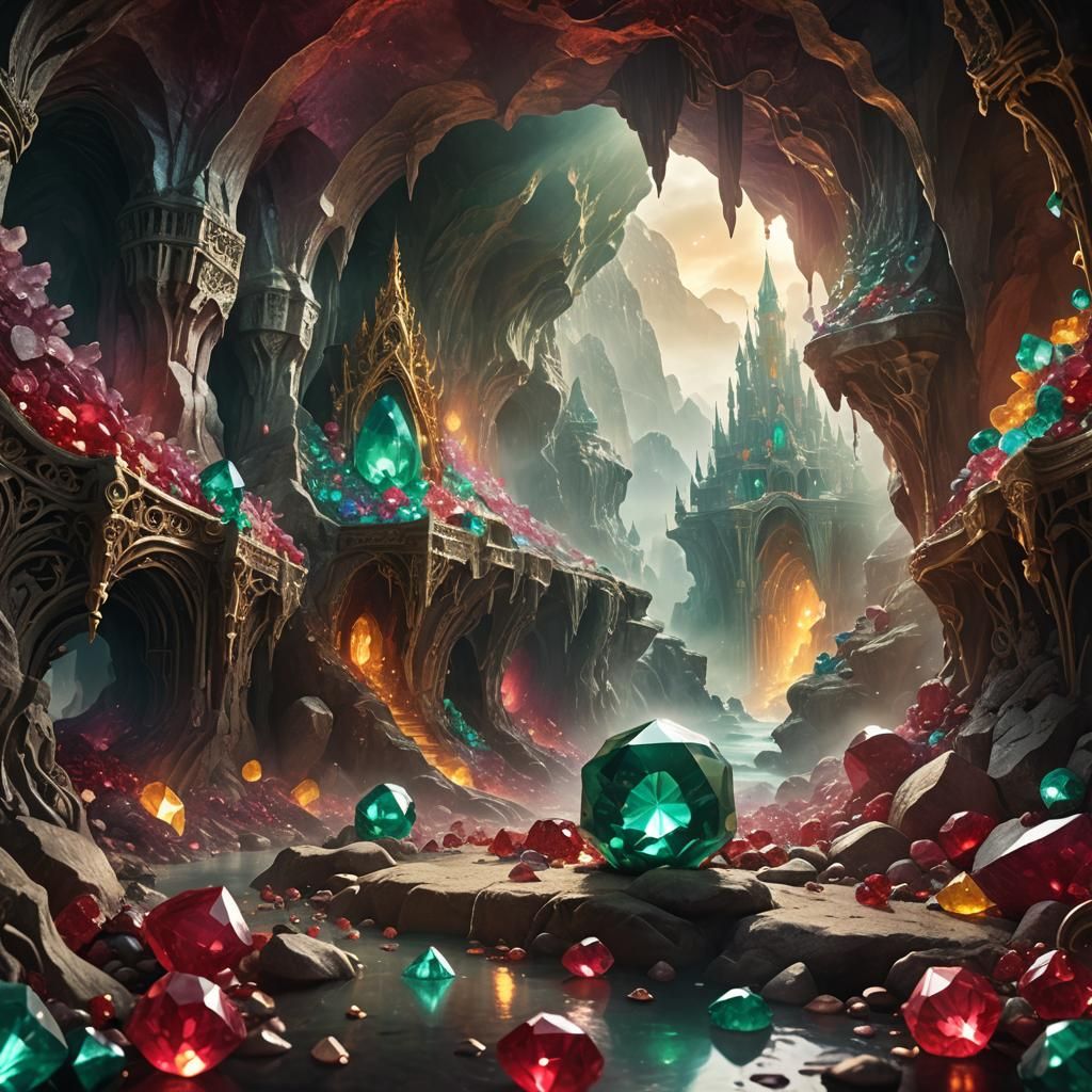 Glowing Gems in Misty Cave: Fantasy Matte Painting