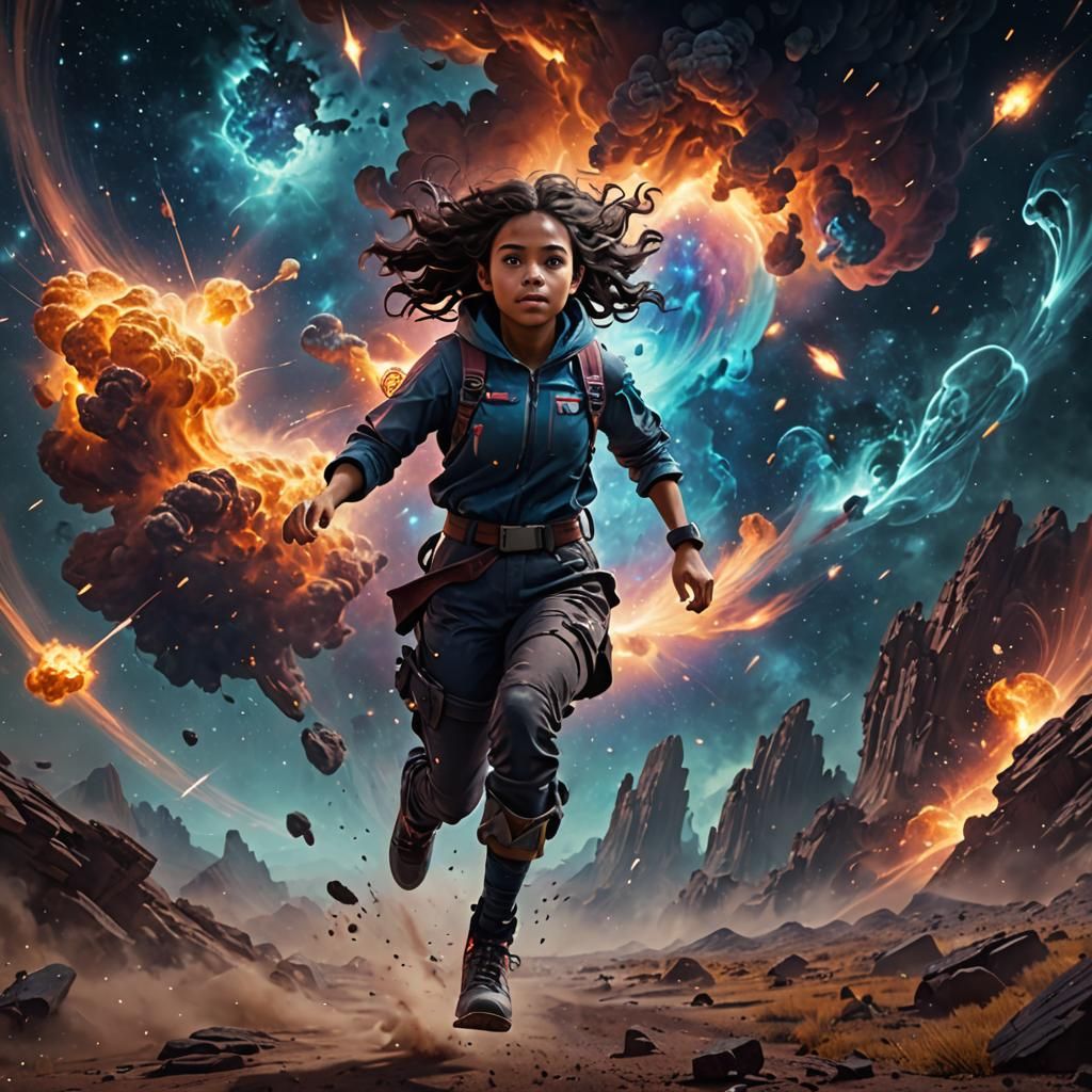 Girl Runs from Nebula: Detailed Matte Painting