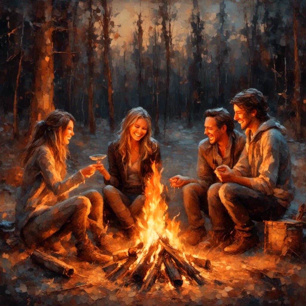 Friends Around Campfire: Nostalgic Oil Painting