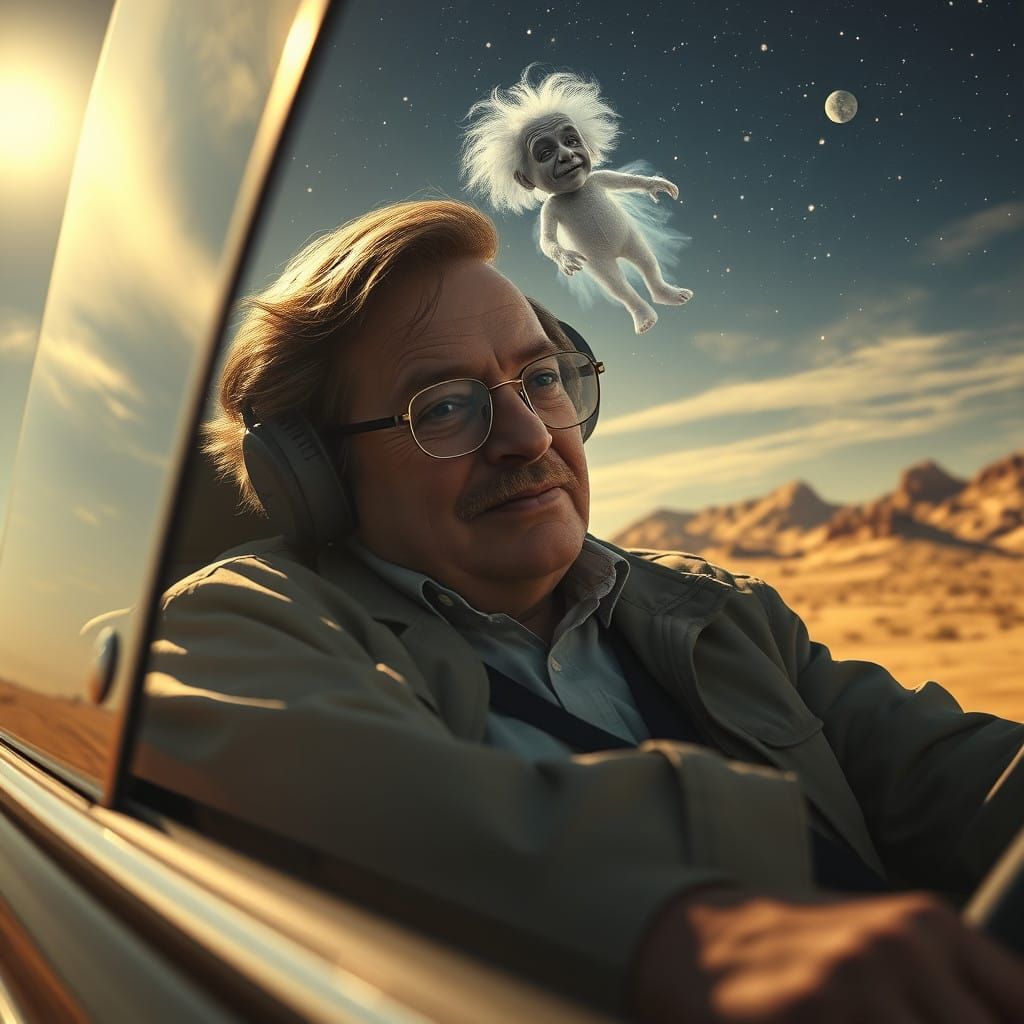 Fear and loathing, Stephen Hawking, road trip, desert, einstein's ghost flies above, highly detailed, cgi quality, cinem...