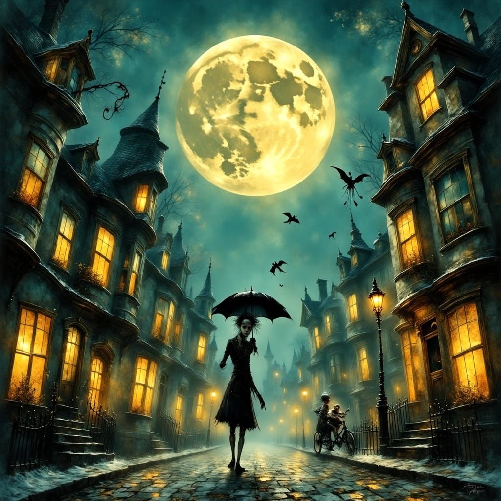 Whimsical Gothic Town Illustration in Tim Burton Style