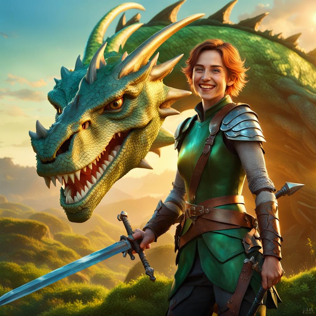 Adventurer Woman and Dragon in Lush Fantasy Landscape