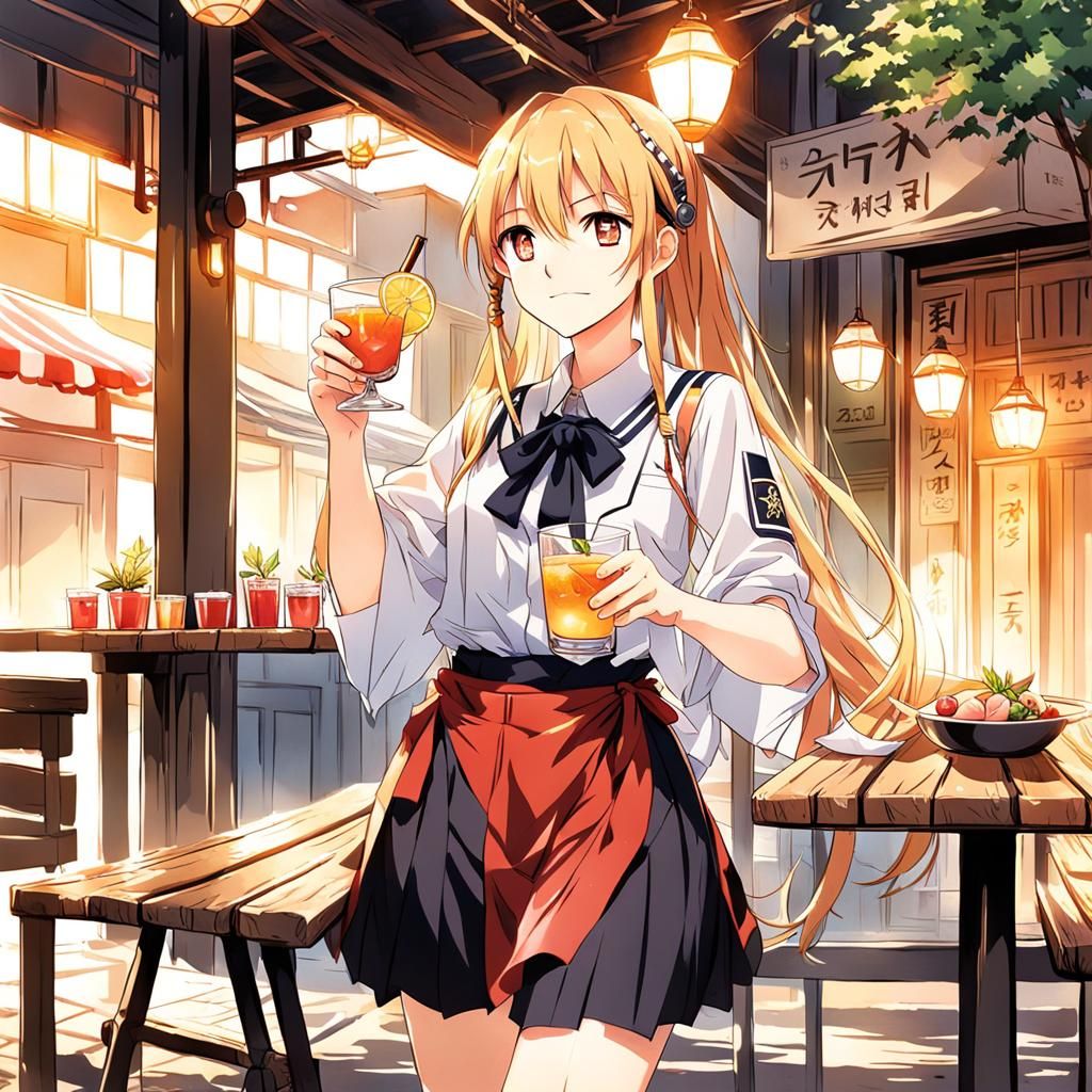 Girl Drinks Cocktail in Anime-Style Cafe
