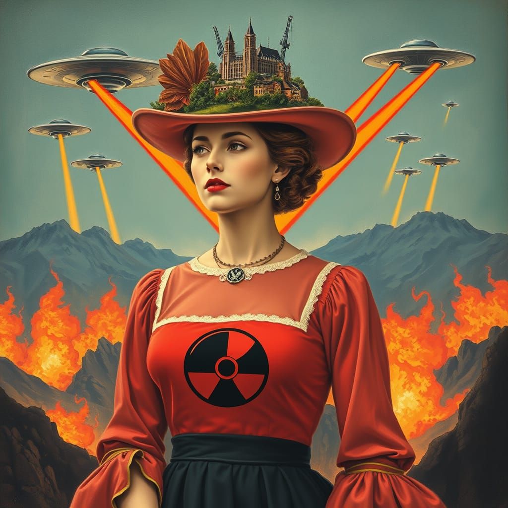 Steampunk Woman in Atomic Age Elegance with Futuristic Citys...