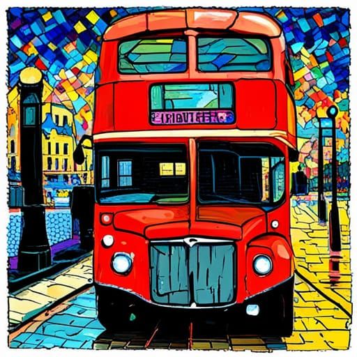 Red Bus in Neo-Impressionist Digital Art Style