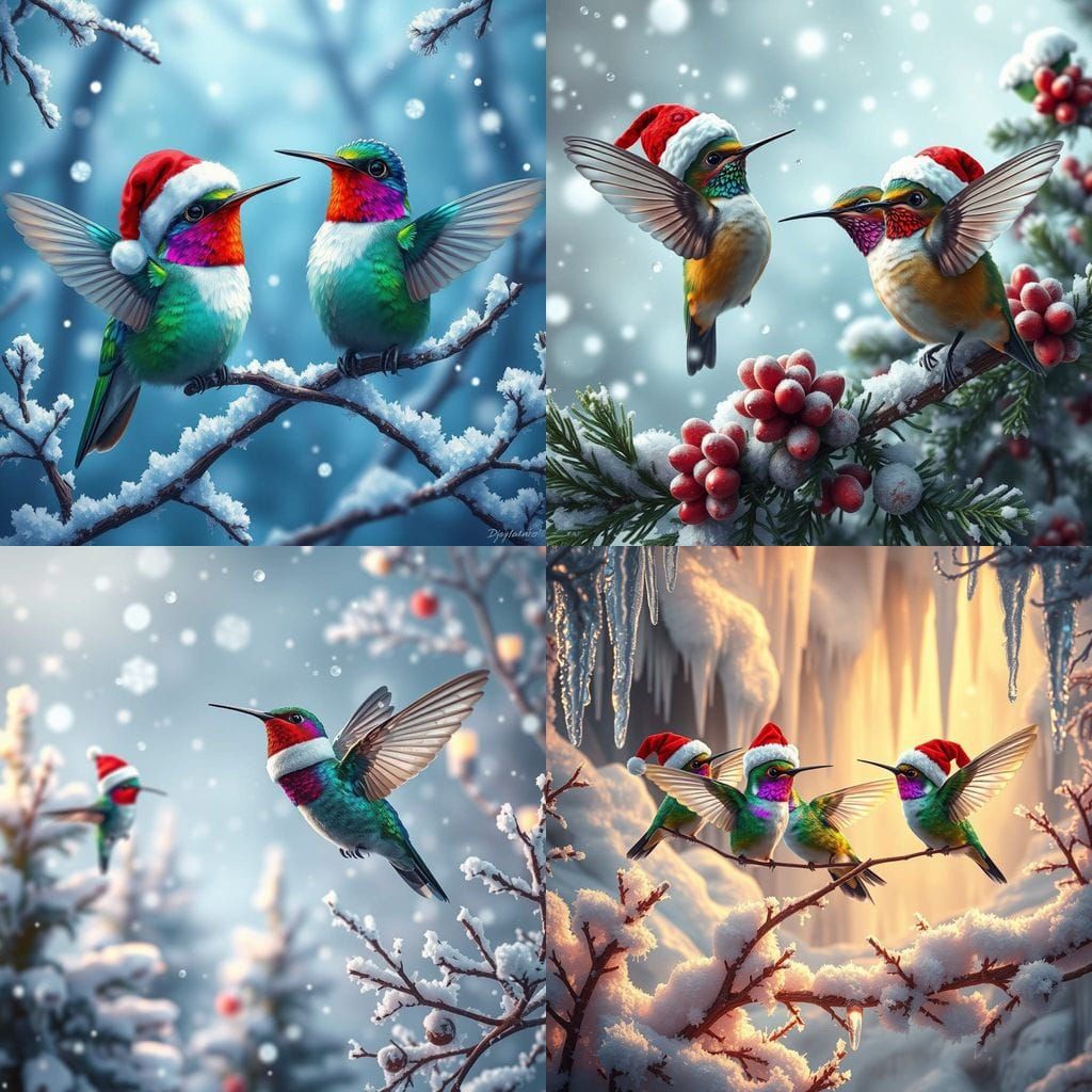 Hummingbirds in Winter Wonderland with Santa Hat