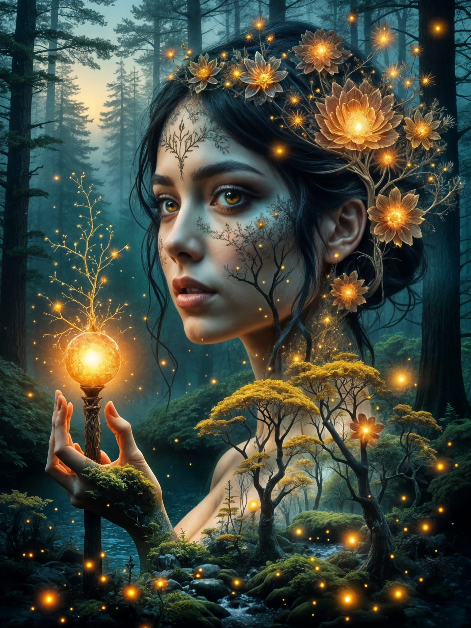 Enchantress of the Forest: Double Exposure Fantasy Art