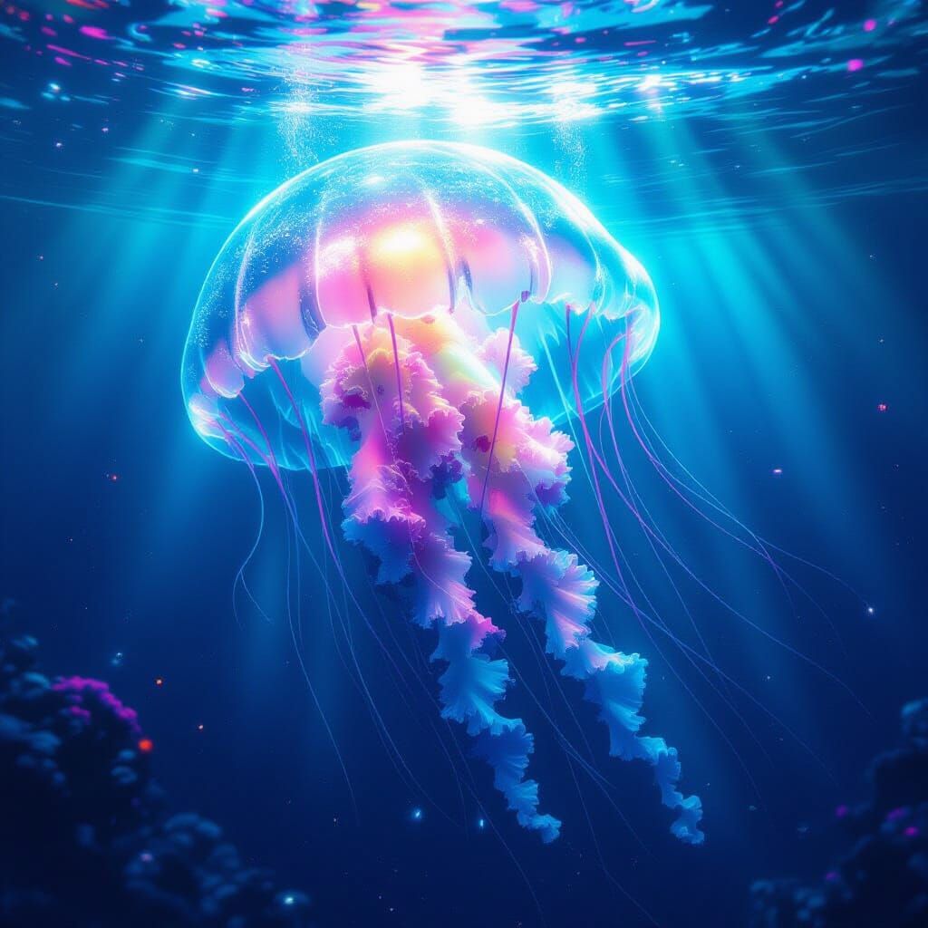 Giant Jellyfish in Bioluminescent Cyberpunk Underwater World