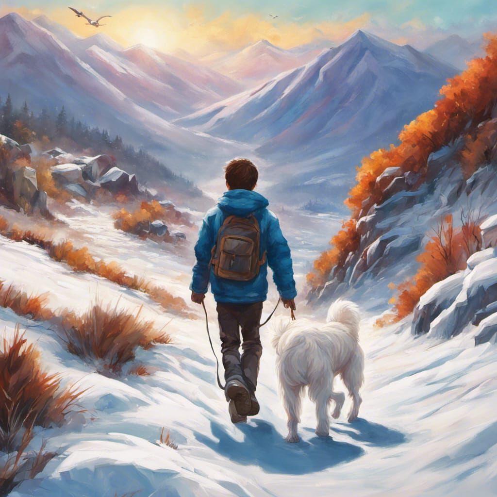 Boy and Dog Walking in Snowy Mountains