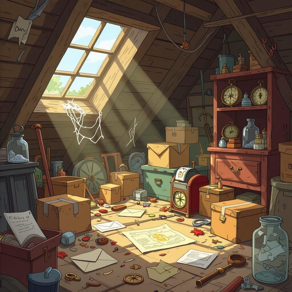 Whimsical Cartoon Basement Scene With Hidden Treasures