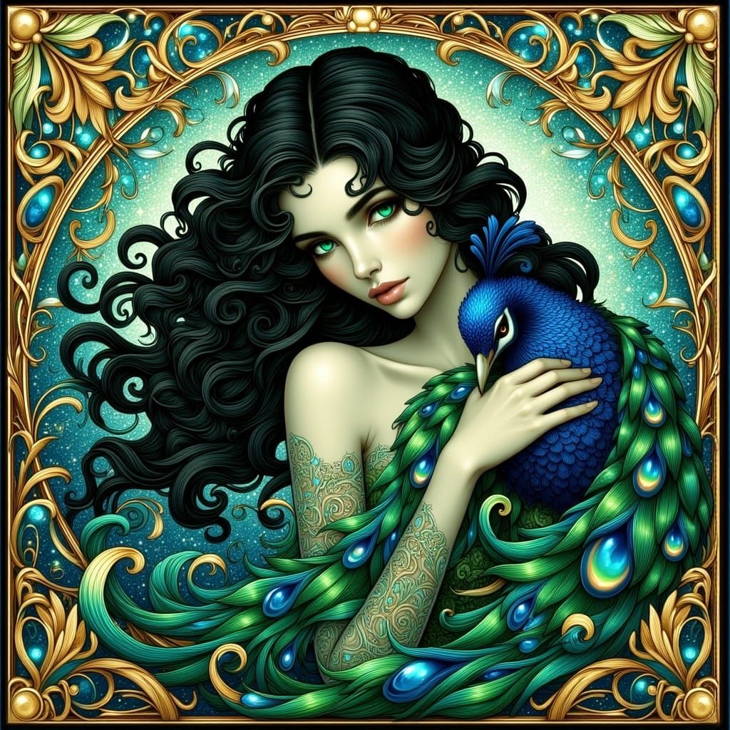 Elegant Art Nouveau Goddess with Majestic Peacock in Iridesc...