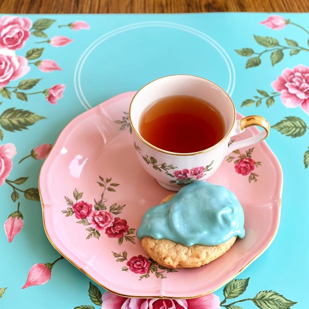 A cup of tea in a vintage pink teacup and saucer, and a blue...