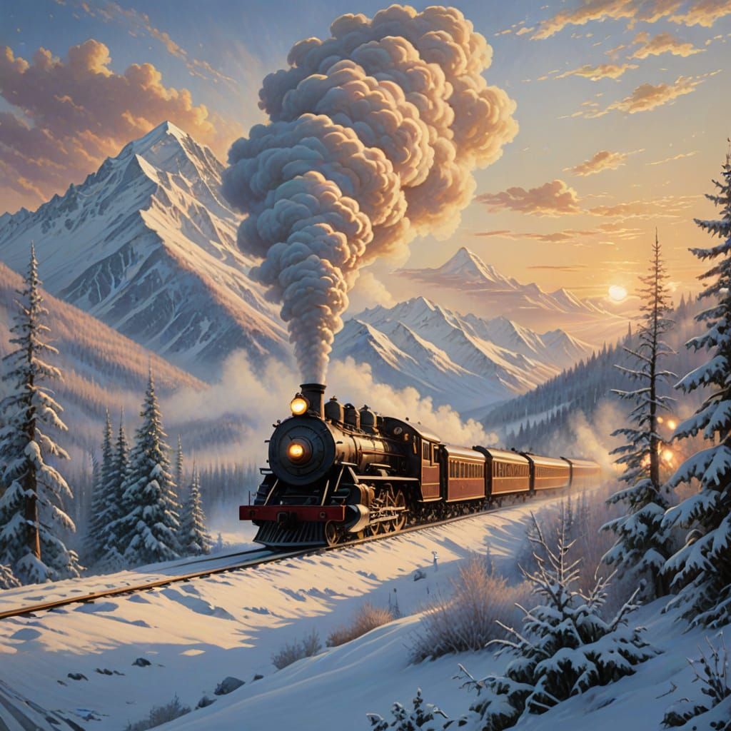 Magical Winter Train Journey in Ethereal Thomas Kinkade Styl...