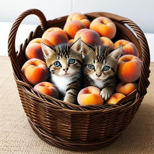 Kittens Cuddled in a Basket of Peaches