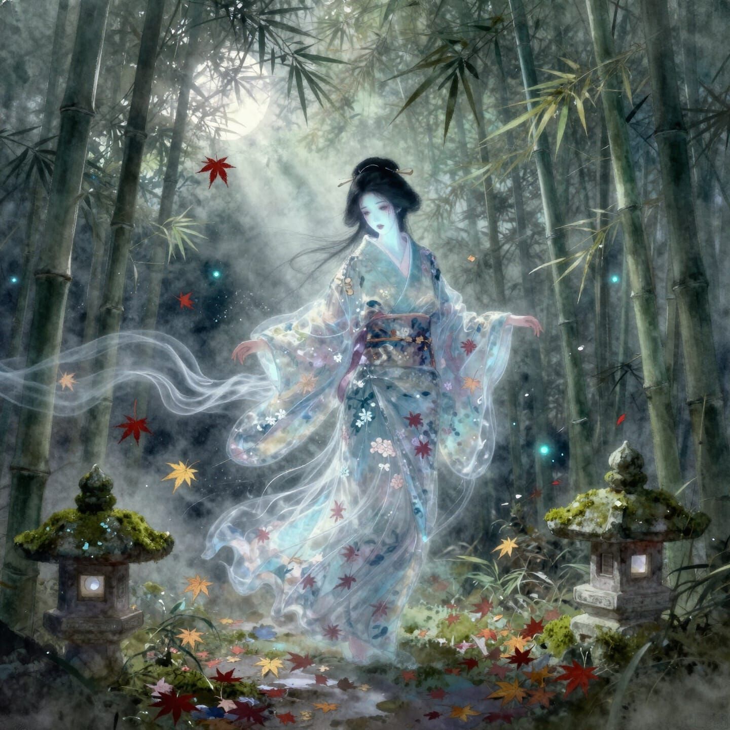 Ghostly Geisha in Moonlit Bamboo Forest Watercolor