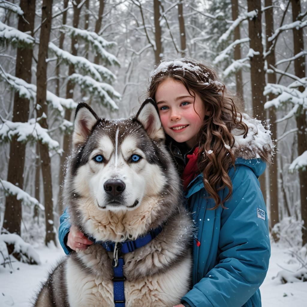 Girl and Husky in Snowy Forest, Whimsical Realism