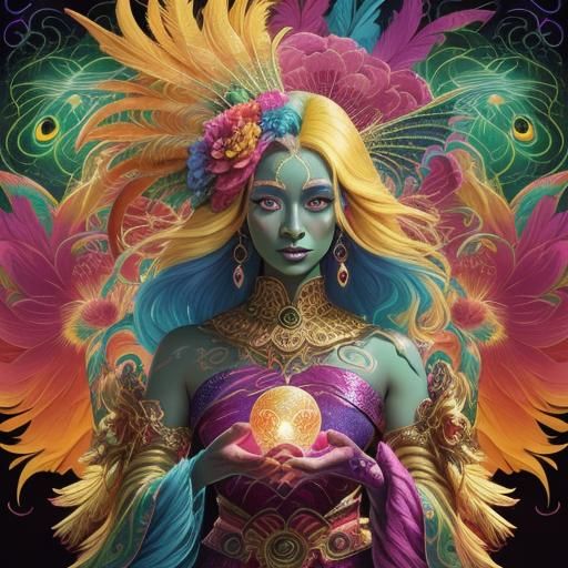 Cosmic Dragon Peacock Woman in Vibrant Colors