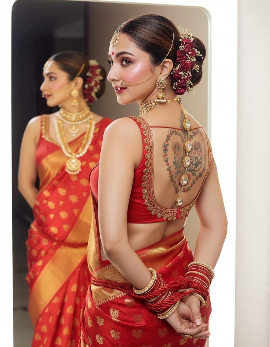Elegant Indian Bride in Red Gold Saree with Bridal Veil