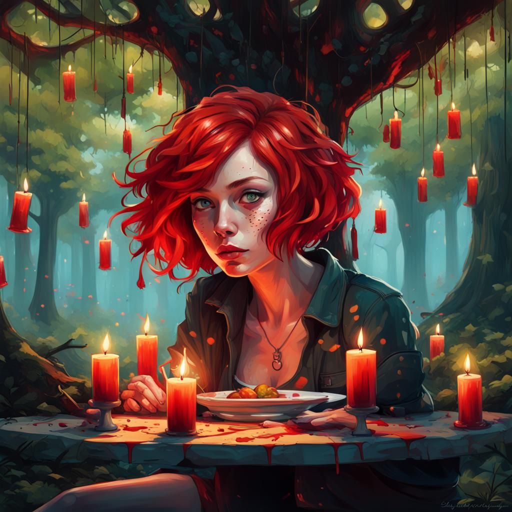 Woman's Forest Dinner in Graffiti Art Style
