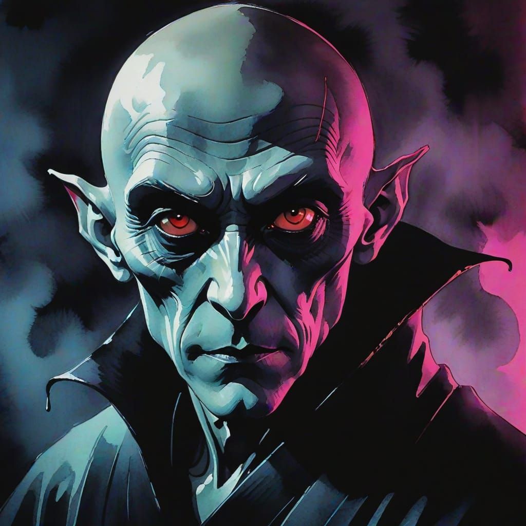 Nosferatu in Sumi-e Ink Painting with Neon Lighting