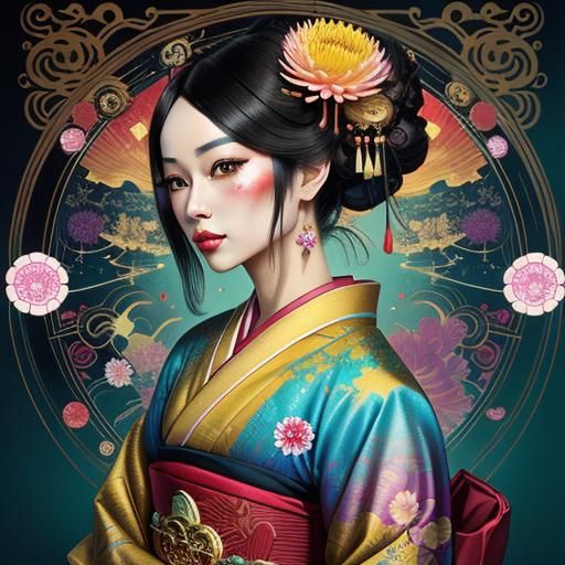 Geisha in Mirrored Reflection, Candy Art Style