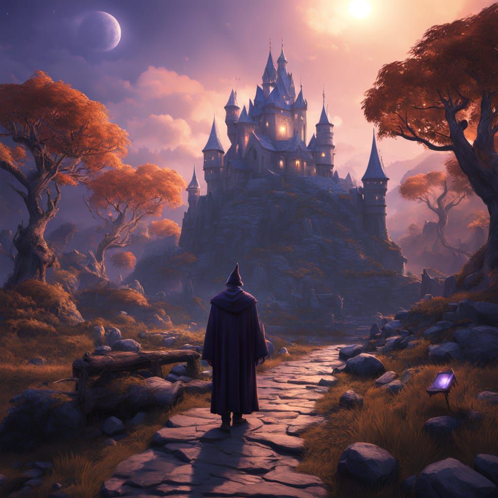 Wizard Contemplates Village in Dark Fantasy Oil Painting