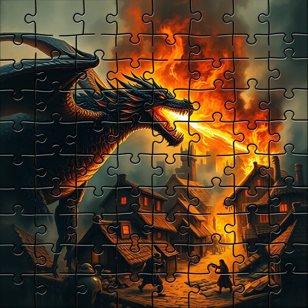 Dragon Devastates Medieval Town in Shattered Mosaic of Fire...