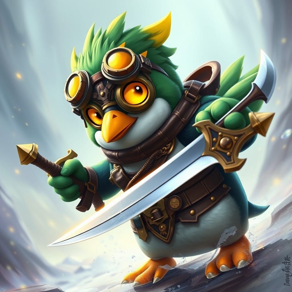Whimsical Steampunk Penguin Warrior in Mystical Fantasy Real...