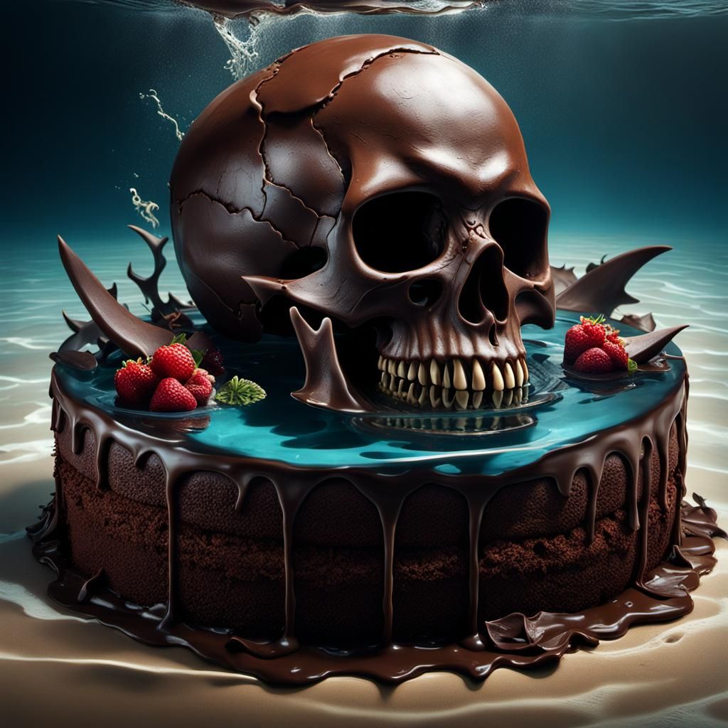 Atmospheric Chocolate Skull Cake with Sharks