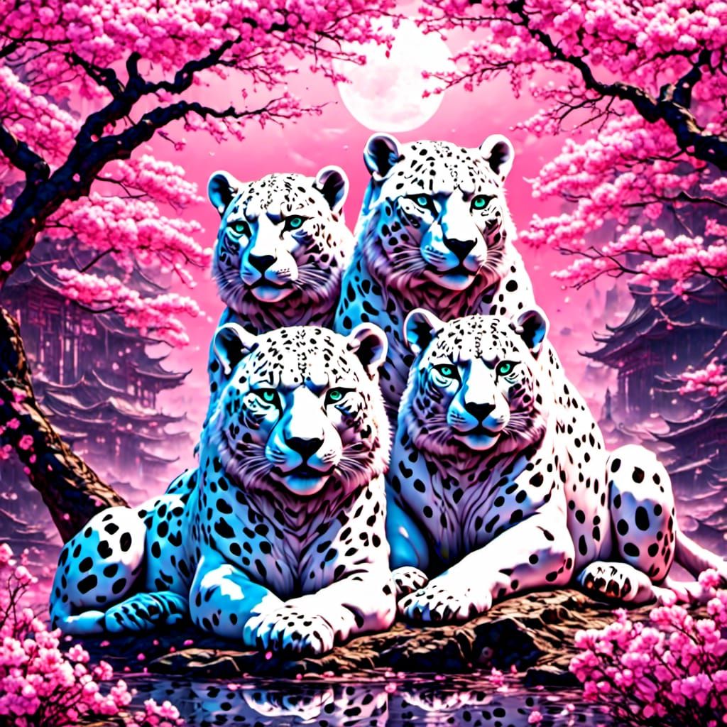 White Leopards Under Cherry Blossoms: Pop Art