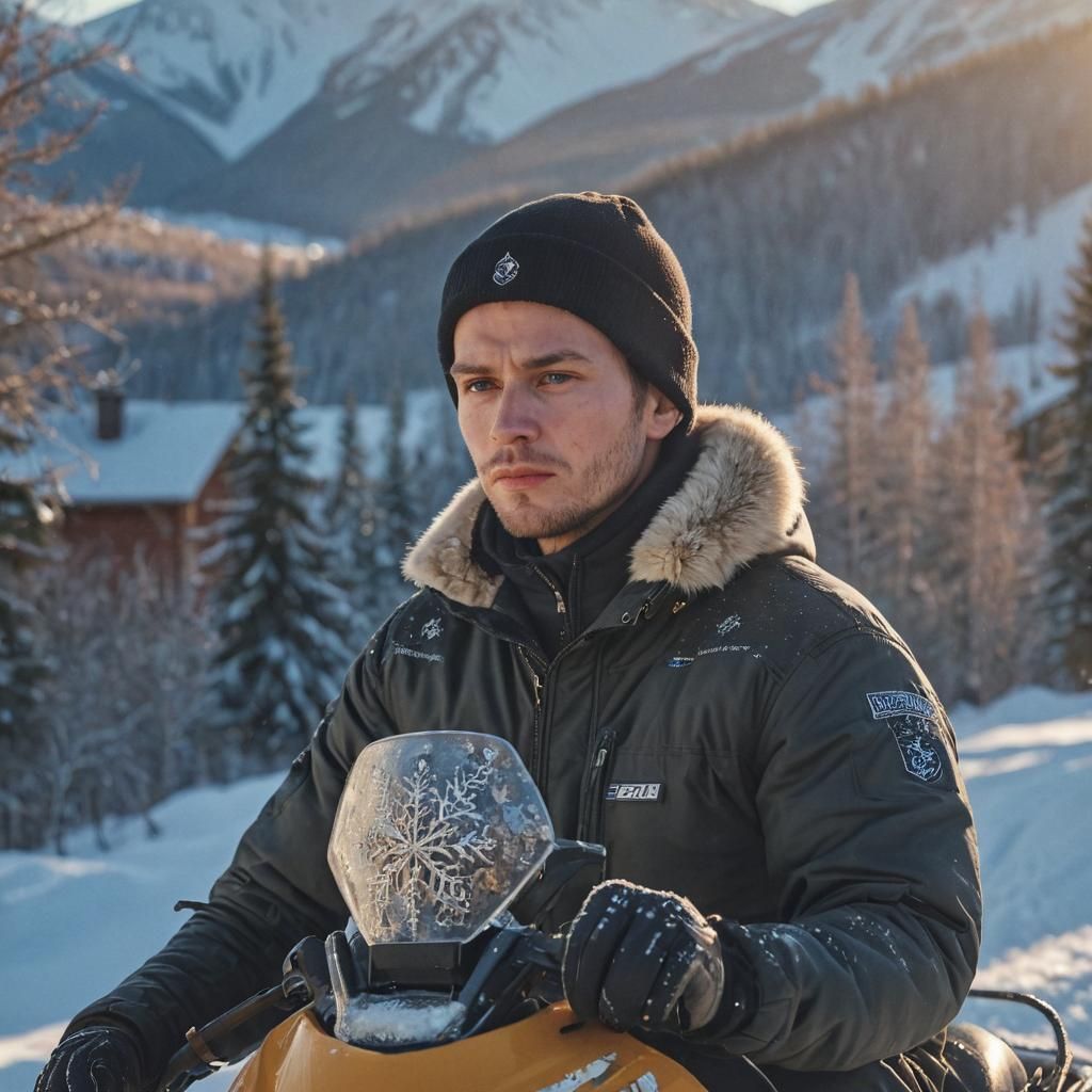Slavic Man on Snowmobile in Photorealistic Winter Art