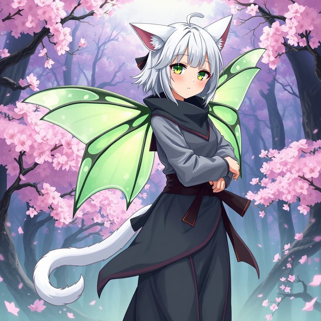Anime Girl Ninja in Cherry Blossom Forest with Luna Moth Win...
