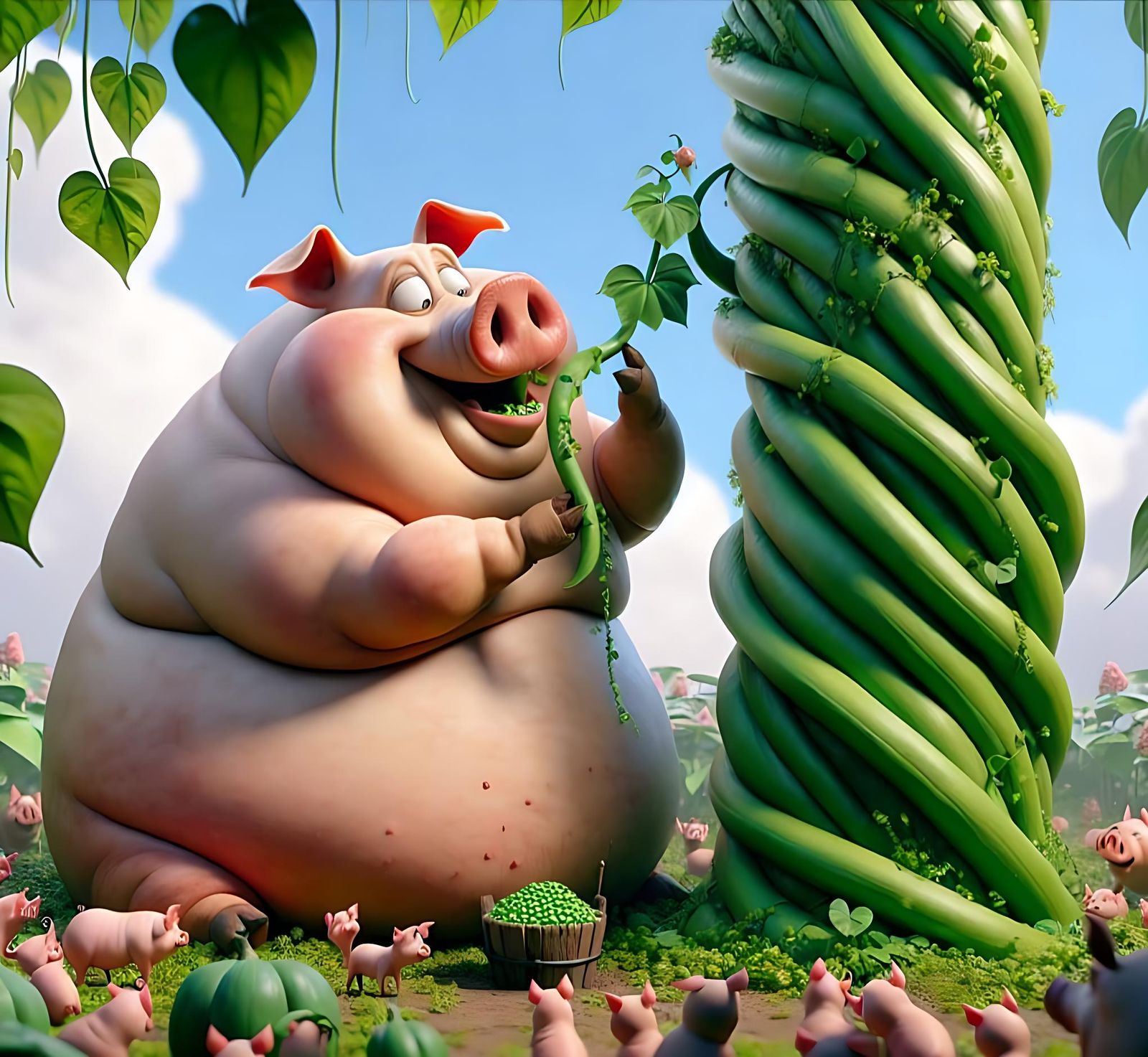 Overweight Pig Eats Beanstalk in Fantasy Land