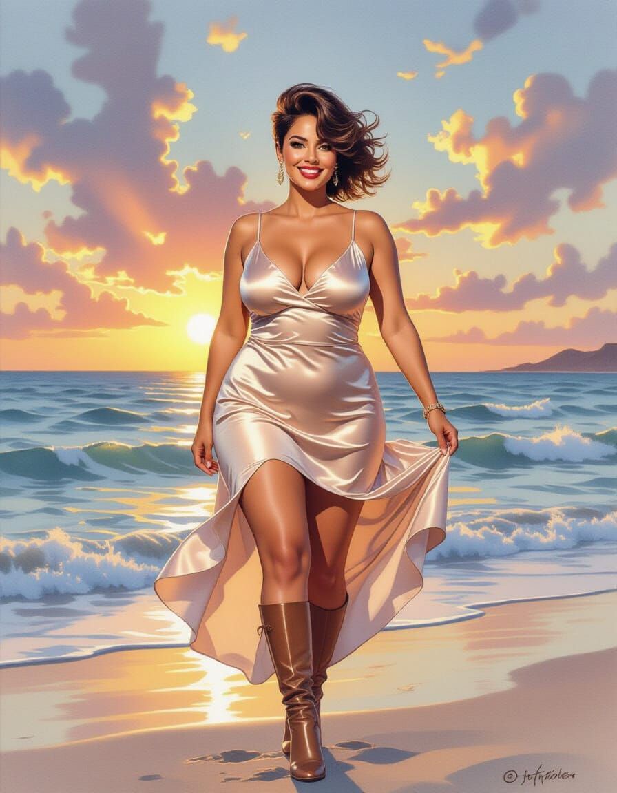 Egyptian Woman by Sea at Sunset, Windblown Silk Dress