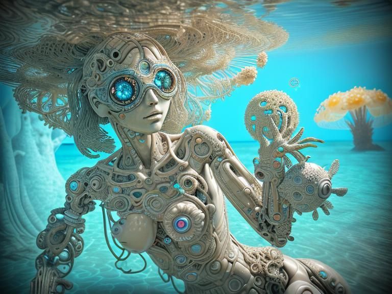 Tropical Beach Scene with Cybermechanano Amoeba Brain