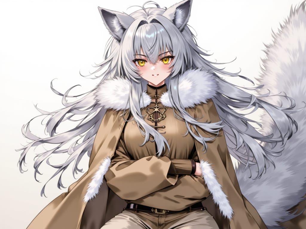 Anime Wolf-Girl with Fluffy Tail in Detailed Plains