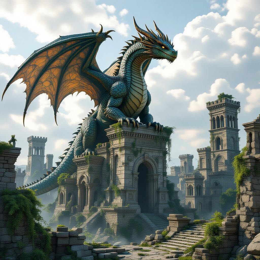 Ancient Dragon on Ruined Metropolis in Cinematic Style