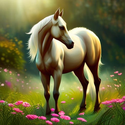 Cute White Foal in Spring Garden: Baroque Concept Art