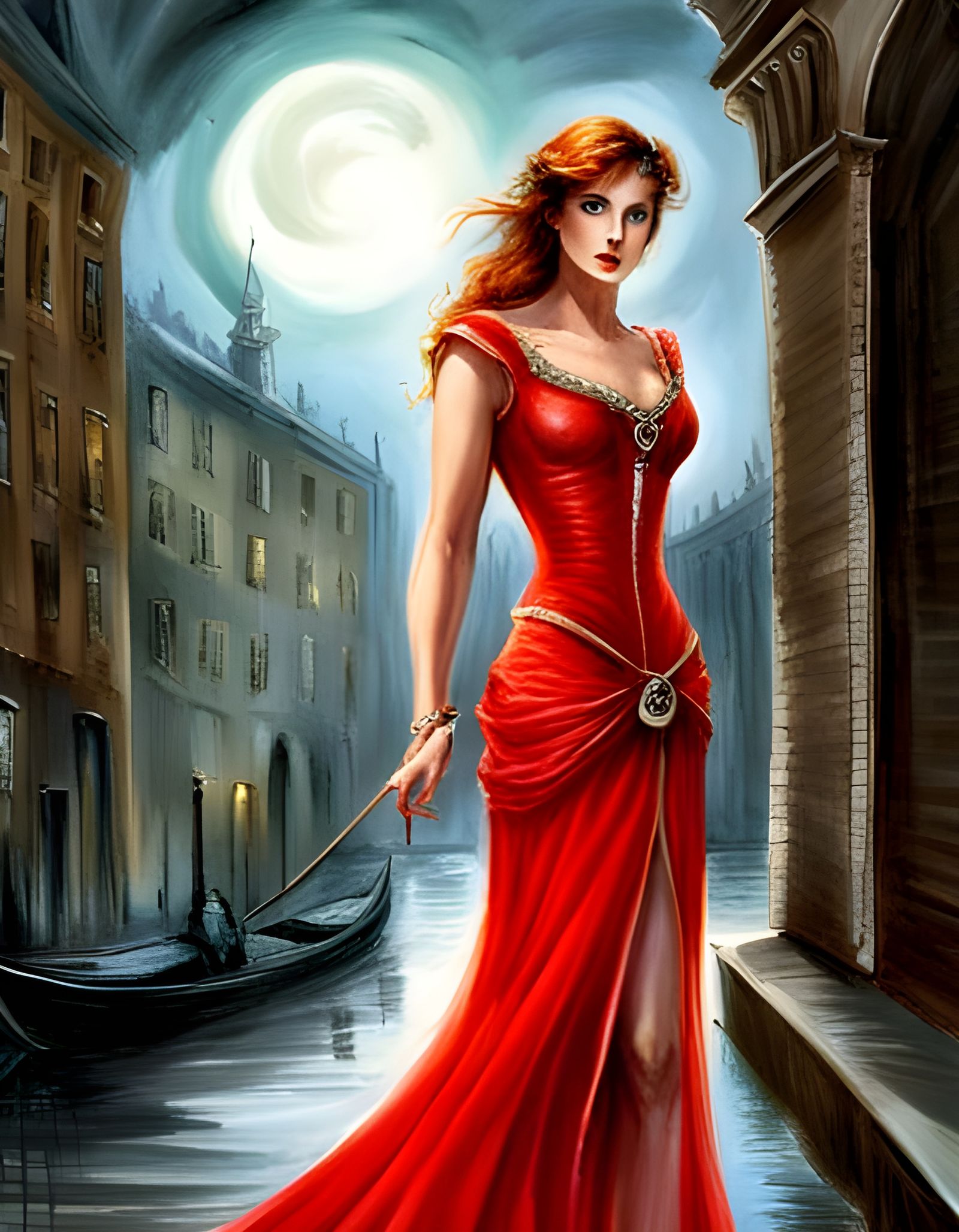 Woman in Red Dress in Dark Alleyway