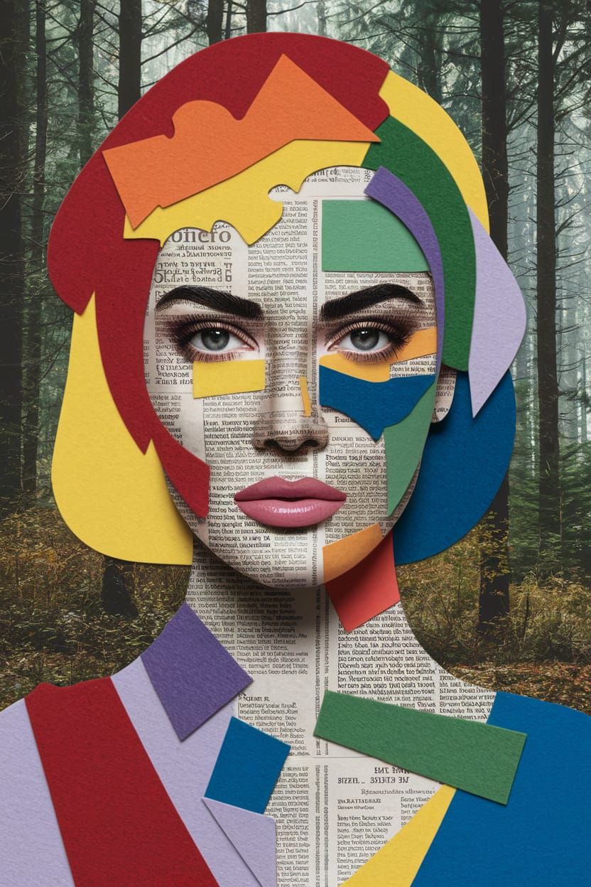 Mixed Media Collage Supermodel Face with Vibrant Colors