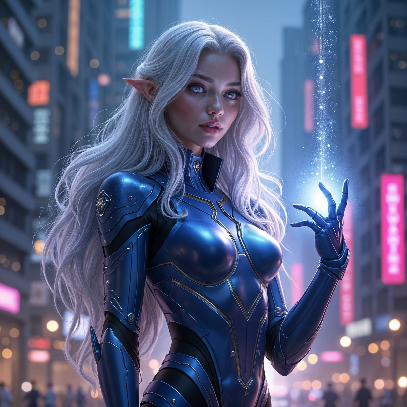 Futuristic Warrior Astra in Neon Cityscape