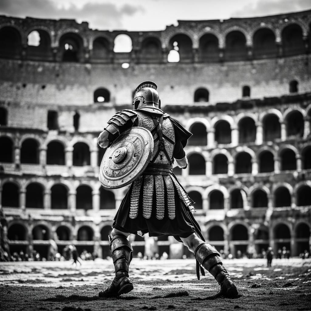 Gladiator in Roman Colosseum: Black and White Film Still