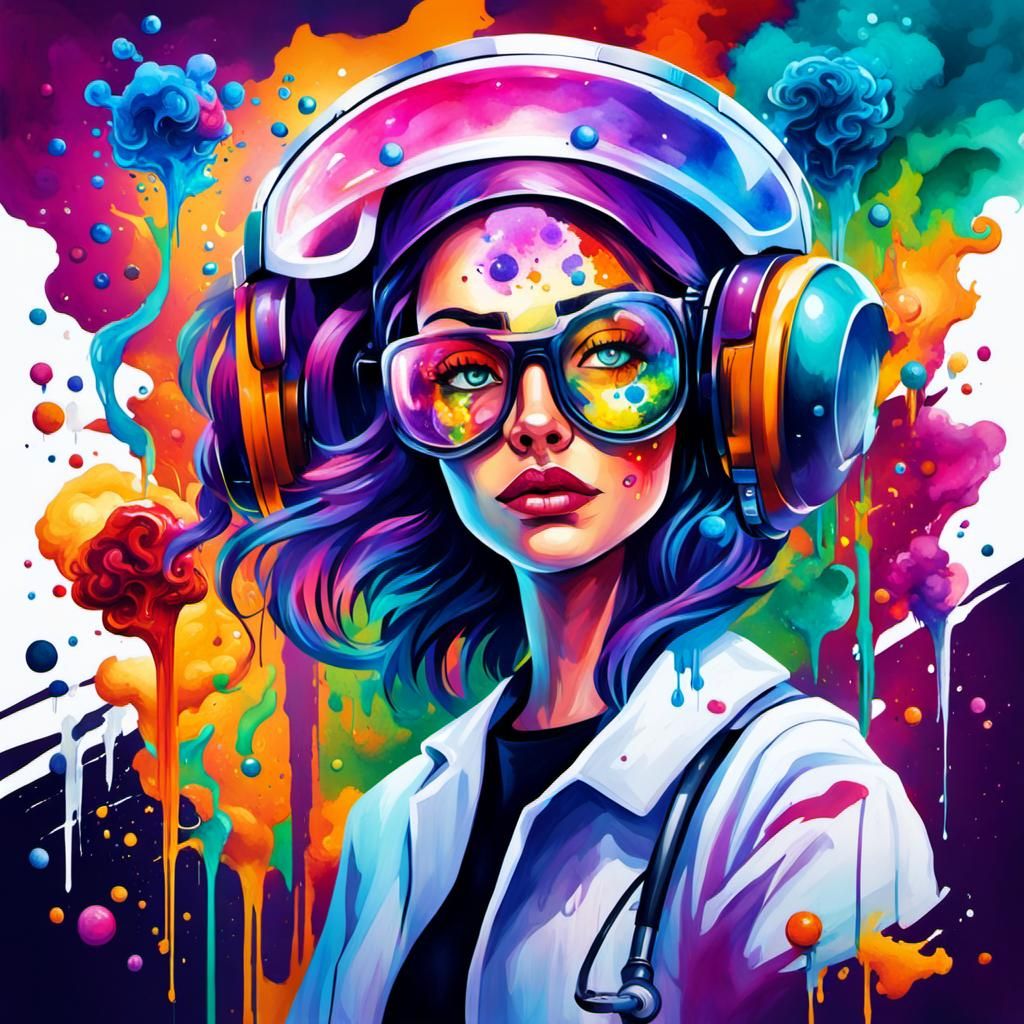 Scientist Exploring Her Mind: Surreal Watercolor Cartoon