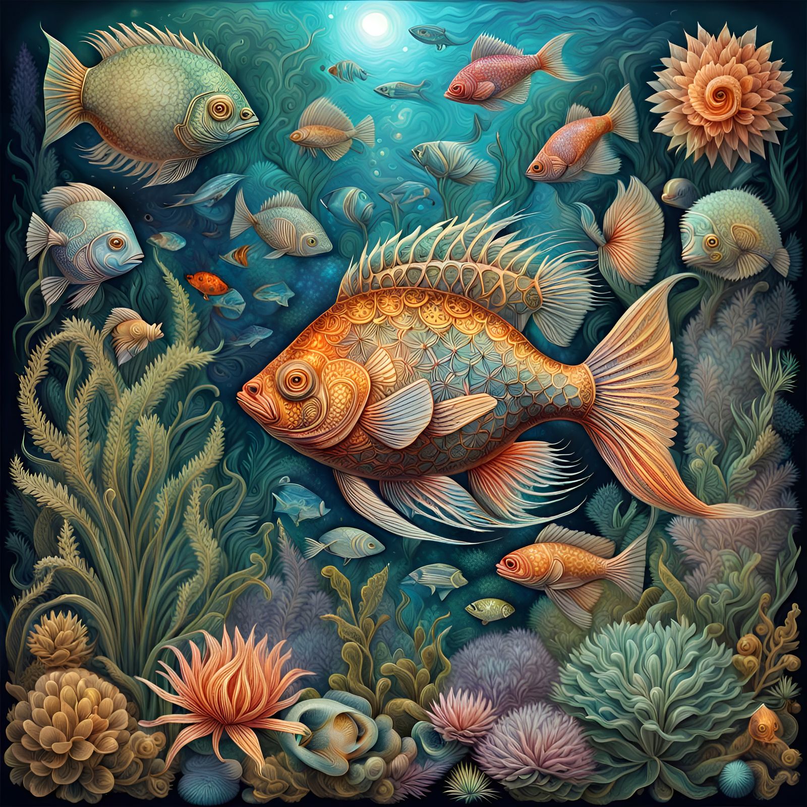 Haeckel-Inspired Fish in Cosmic Aquatic Setting