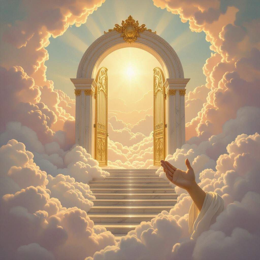 Pearly Gates Open Amidst Clouds with Stairway to Heaven