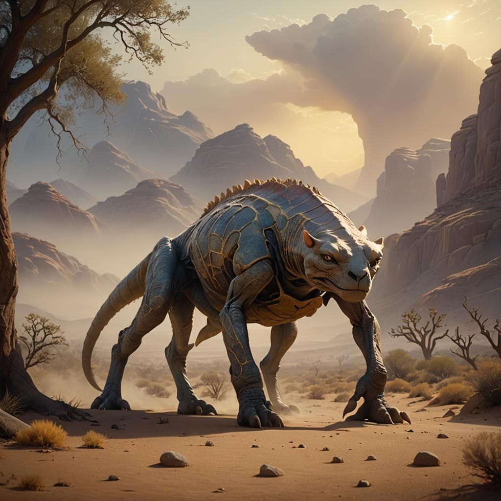 Giant Bald Creature in Arid Landscape, Cinematic Film Still