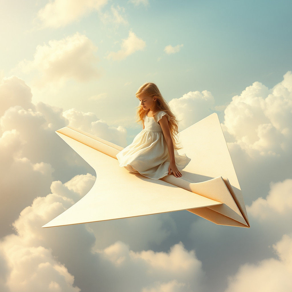Girl Soaring on Paper Airplane in Dreamy Sky